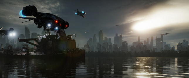 Digitally generated post-apocalyptic scene depicting a desolate urban landscape with tall buildings in ruins, overgrown vegetation and lots of rogue A.I. airborne VTOL-capable non-Humanoid UAVs (drone), featuring a devastating array of under-slung and wing-mounted lasers, missiles, and laser small cannons.\n\nThe scene was created in Autodesk® 3ds Max 2023 with V-Ray 6 and rendered with photorealistic shaders and lighting in Chaos® Vantage with some post-production added.