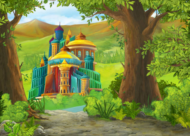 istock Cartoon nature scene with beautiful castle with prince and princess 1459395240