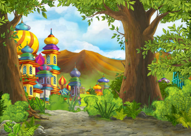 istock Cartoon nature scene with beautiful castle with prince and princess 1459395452