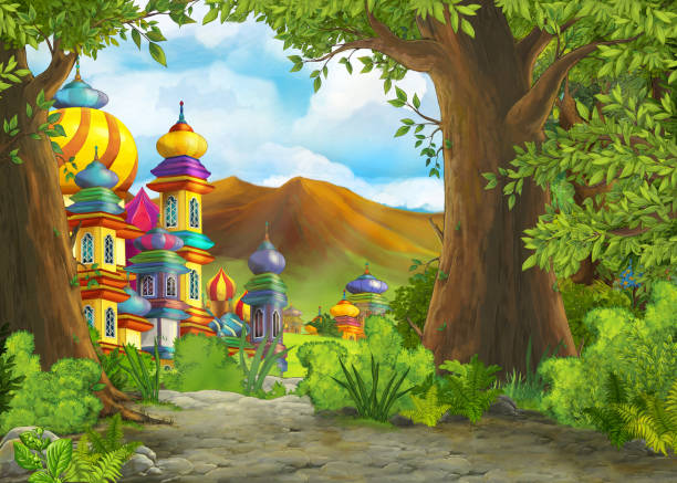 istock Cartoon nature scene with beautiful castle with prince and princess 1459395588