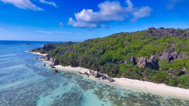 istock La Digue, Seychelles. Aerial view of coastline from drone perspective 1459397021