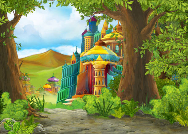 istock Cartoon nature scene with beautiful castle with prince and princess 1459397134