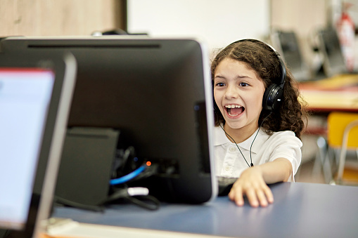 Student Desktop Computer Excited Young Student Using Desktop Pc In Computer Lab Stock Photo ...