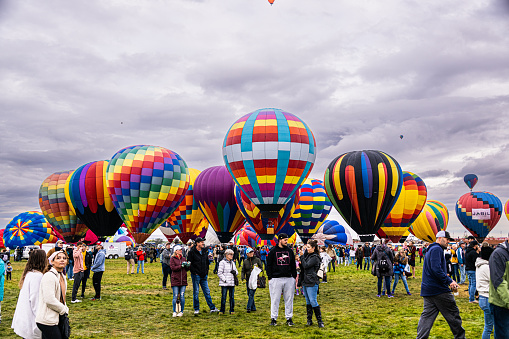 Albuquerque, New Mexico - USA - Oct 6, 2022: Hot air balloon mass ascension at the Albuquerque International Balloon Fiesta.