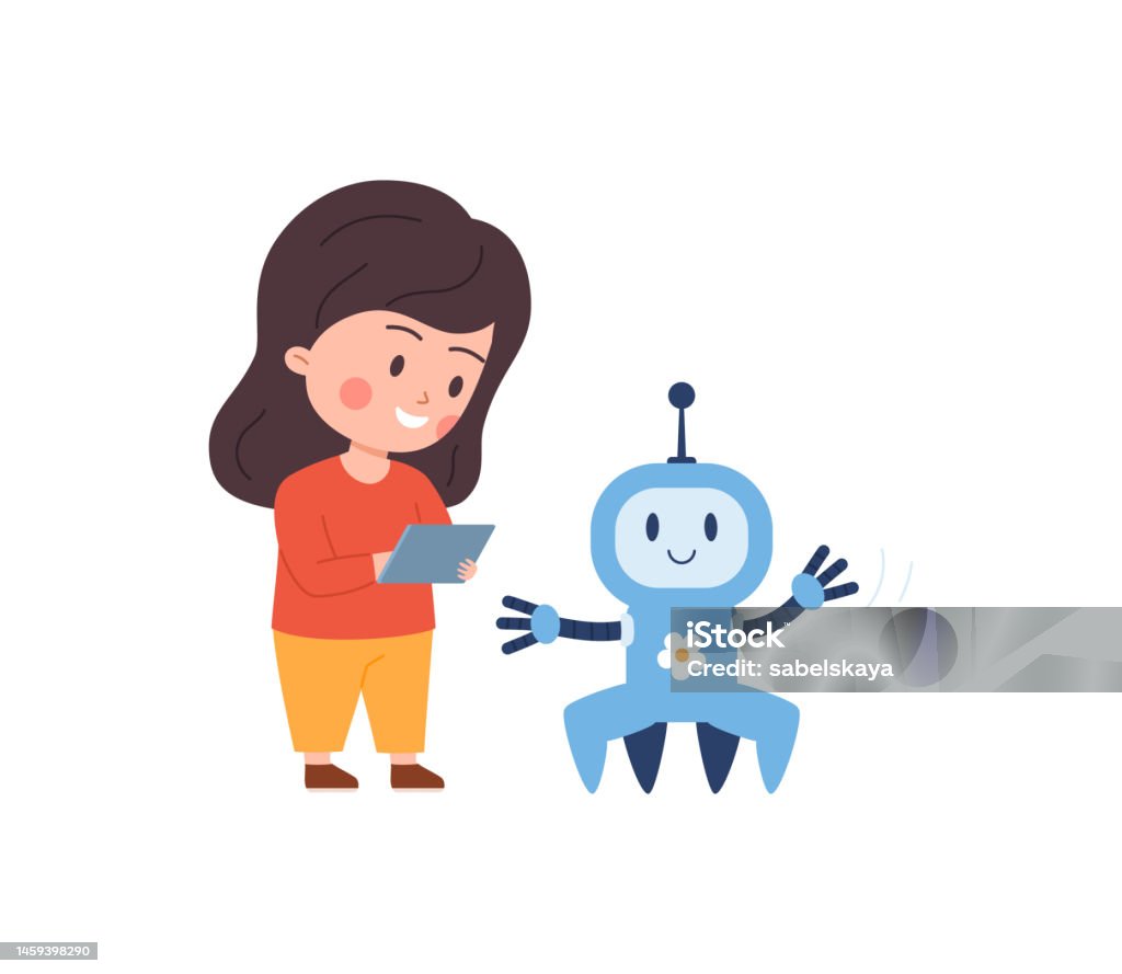 Robot Animado Programando Ilustración de Niña Pequeña Programando Lindo Robot Con Tableta ...