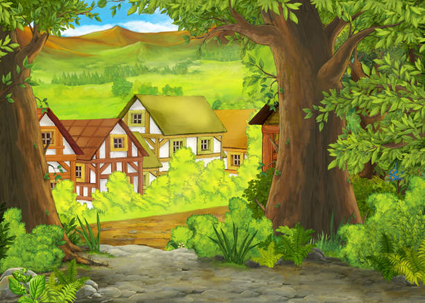 cartoon summer scene with path to the farm village with prince and princess cartoon summer scene with path to the farm village with prince and princess illustration for children fairy tale village stock illustrations