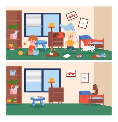 Messy and clean kids nursery or bedroom, cartoon flat vector illustration. Little boys making mess in the room while playing with toys and chasing cat. Before and after cleaning.