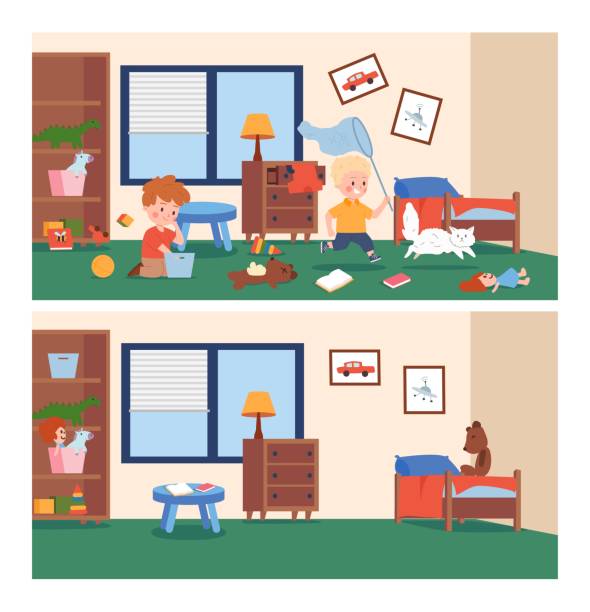 Messy and clean kids nursery or bedroom, cartoon flat vector illustration. Messy and clean kids nursery or bedroom, cartoon flat vector illustration. Little boys making mess in the room while playing with toys and chasing cat. Before and after cleaning. kids cleaning up toys stock illustrations