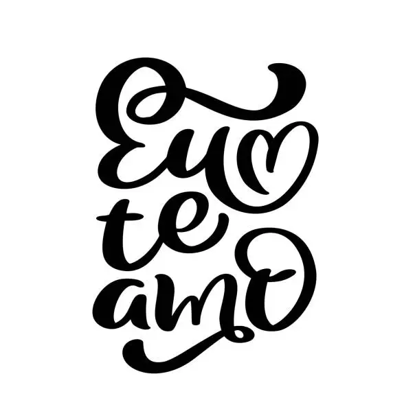 Vector illustration of I love you on Portuguese Eu te Amo. Black vector calligraphy lettering text with heart. Holiday quote design for valentine greeting card, phrase poster