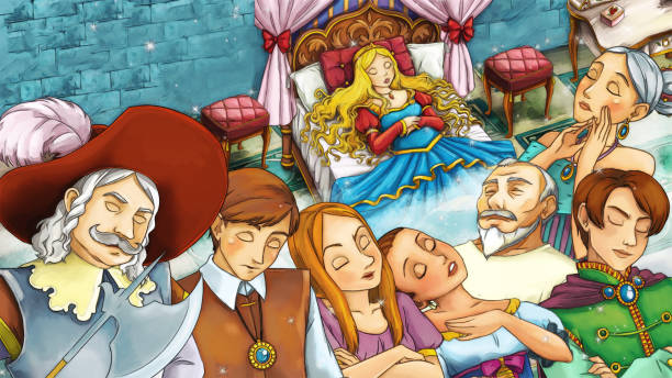 cartoon scene with sleeping princess in the castle illustration cartoon scene with sleeping princess in the castle illustration for children minion smile stock illustrations