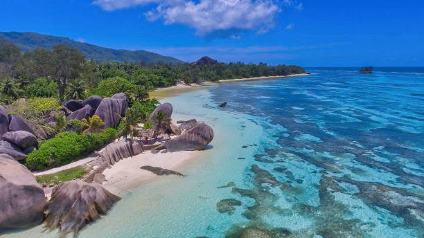 istock Amazing beach of Anse Source Argent in La Digue, Seychelles from drone 1459402288