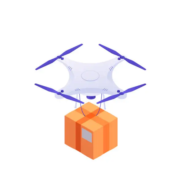 Vector illustration of Drone delivers parcel box. White quadrocopters ship sort yellow boxes