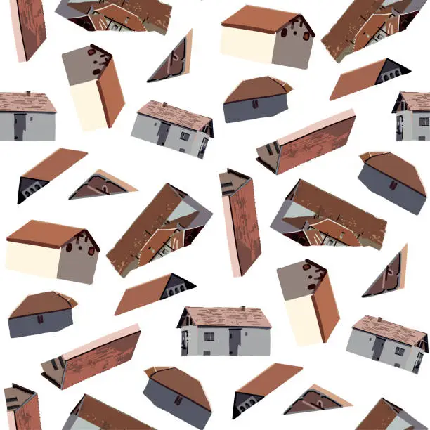 Vector illustration of Repeated pattern of a small cozy houses with red tiled roofs