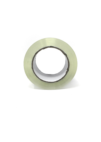 Closeup of a generic roll of packing tape on a white background.