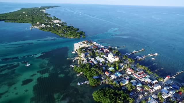 Caye Caulker Island in Belize. Caribbean Sea Island. Beautiful Areal View. Drone.