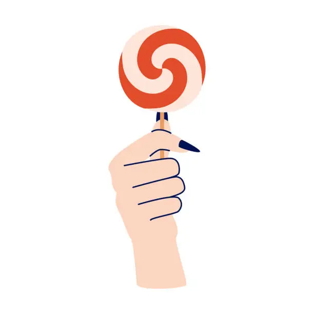Vector illustration of hand holding a piece of cake, a cupcake, a lollipop