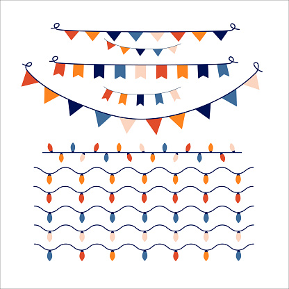 Strings of holiday lights and birthday flags white background. Vector illustration