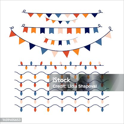 istock Strings of holiday lights and birthday flags white background. Vector illustration 1459405653
