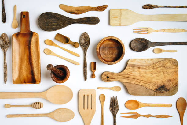 istock Wooden kitchen utensils on white background - knolling concept 1459405926