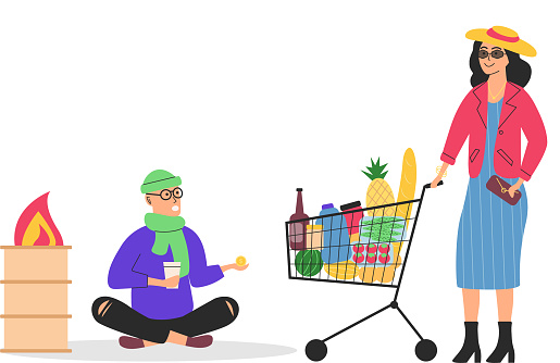 Richness and poverty concept. Sad poor homeless man and happy rich woman. Class and monetary inequality in human society. Lady with shopping cart full of purchases and unemployed guy begging on street
