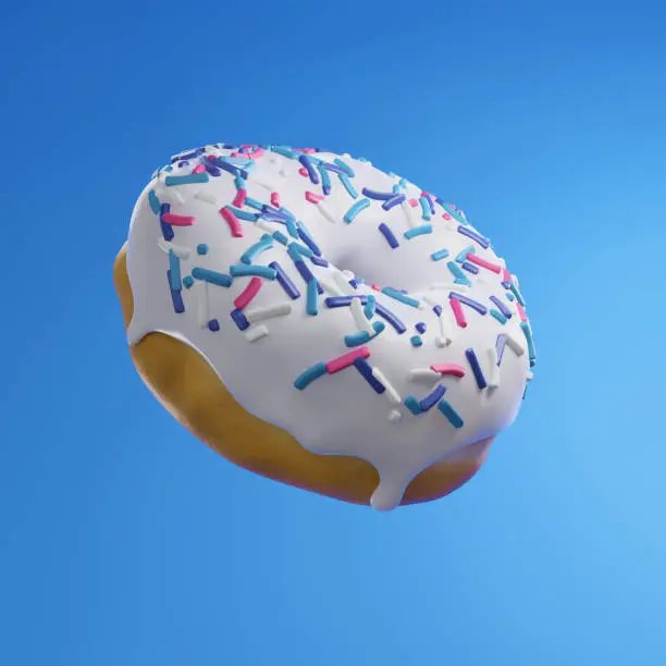 3d illustration of a donut with white icing and multi-colored sprinkles on a blue background floats in the air