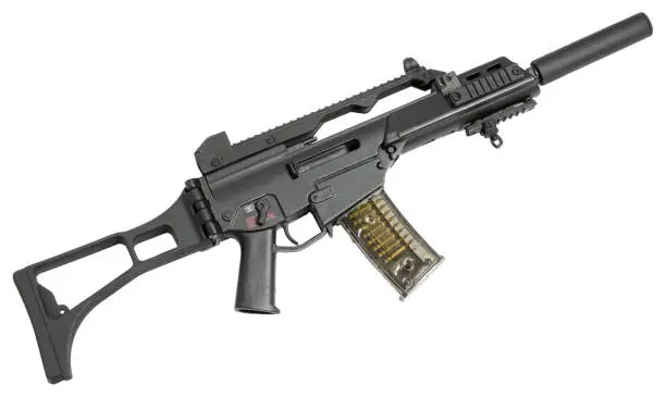 Photo of G36 machine gun in small scale on a white background for cut out