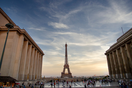 A glimpse at Paris Trocadero Place with people and, the  famous Eiffel Tower in the background.