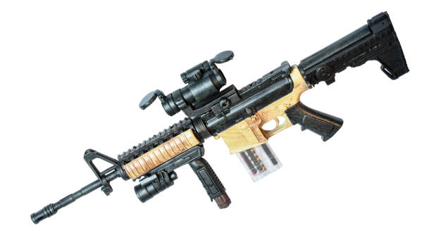 istock Scale model of hands holding a powerful machine gun 1459410983