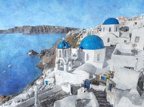 Santorini looking over the village of Oia in Greece - Photo printed on artist´s Canvas with brush strokes