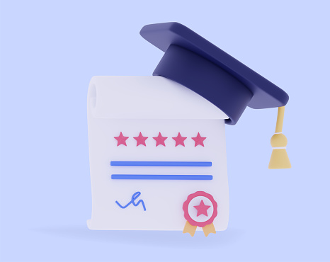 3D graduation cap and diploma icon Modern design minimal style concept of academic achievement School Education 3d rendering illustration