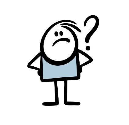 Funny doodle stickman looks unhappy with sign of question. Vector art illustration of male stick figure.