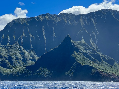 Napali Coast on Kauai viewed from the Pacific Ocean.
