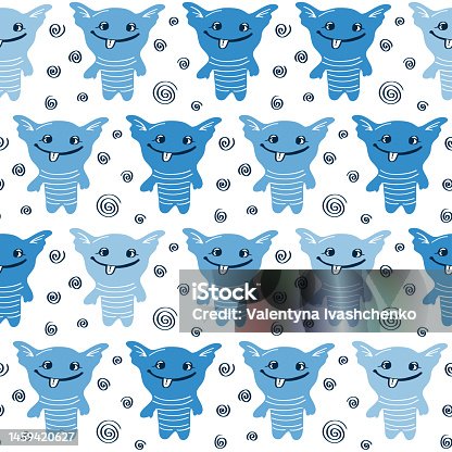 istock Cute monsters seamless children's pattern. Vector illustration of a funny baby print. Blue background for children's room and nursery. 1459420627