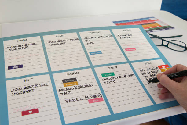 istock Hand writing weekly schedule for healthy life 1459420675