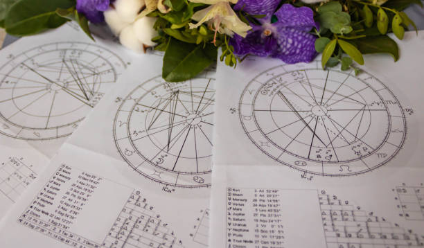 istock Printed astrology charts with flowers in the background, spring concept 1459420929