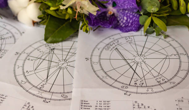 istock Printed astrology charts with flowers in the background, spring concept 1459420938