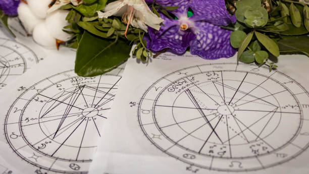 istock Printed astrology charts with flowers in the background, spring concept 1459420949