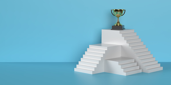Three solid rising stair blocks with seperate platforms in various heights on blue empty background. Upward podium staircase, ambition, business growth, success in career, future progress. Copy space, banner. 3d illustration.