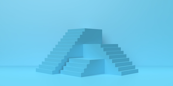 Three solid rising stair blocks with seperate platforms in various heights on blue empty background. Upward podium staircase, ambition, business growth, success in career, future progress. Copy space, banner. 3d illustration.