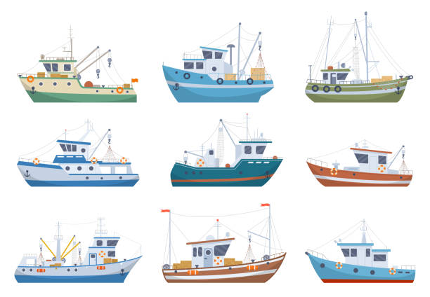 Fishing nautical ships. Cartoon seafood industry boats, fishermen shipping trawlers, commercial fishing ships flat vector illustration set on white background Fishing nautical ships. Cartoon seafood industry boats, fishermen shipping trawlers, commercial fishing ships flat vector illustration set on white background industrial ship military ship shipping passenger ship stock illustrations