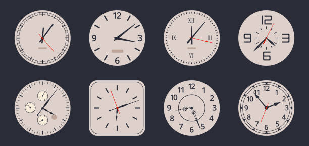 istock Watch faces. Cartoon analog clocks, electronic and mechanical vintage watch faces with numbers and clock hands flat vector illustration set on white background 1459423197
