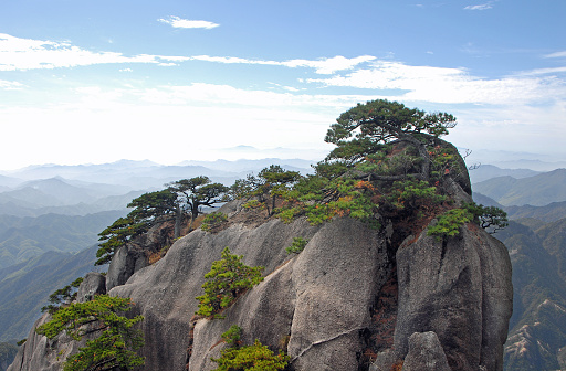 Huangshan Mountain in Anhui Province, China. View of a rocky outcrop surmounted by pine trees on the path to Lotus Peak, the highest point.