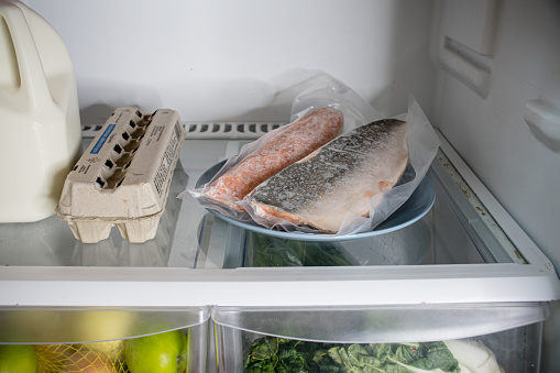 Raw salmon is in the fridge, it is defrosting in it's own vacuum sealed package and on a separate plate to prevent cross contamination