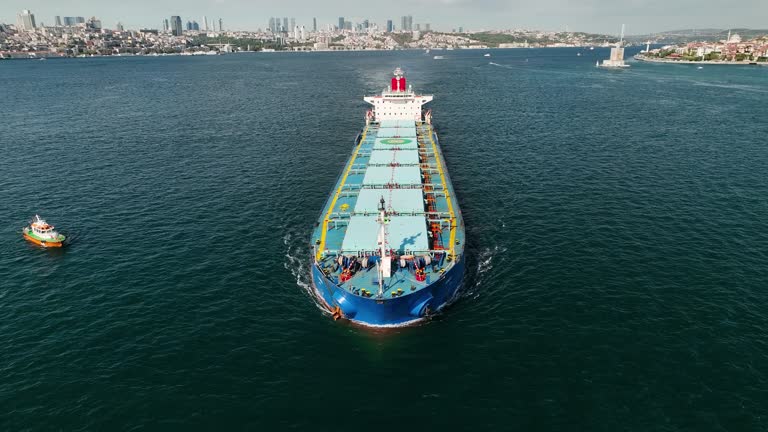 aerial view of commercial container ship at sea