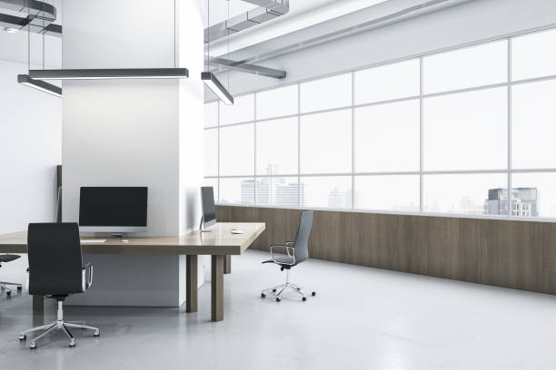 istock Modern spacious bright coworking office . Wooden and concrete materials. Panoramic window with city view and daylight. Corporation, law and legal concept. 3D Rendering. 1459431146