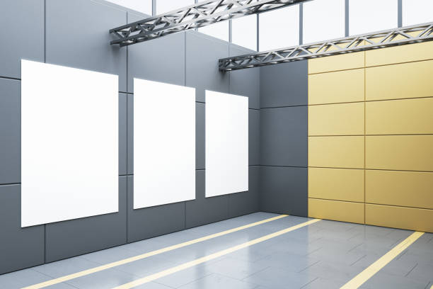 istock Modern empty gray garage interior with blank white mock up posters. Warehouse concept. 3D Rendering. 1459431465