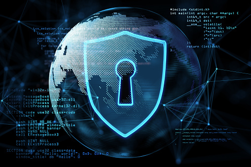 Cyber security and global protection concept with digital keyhole in blue shield on dark technological background with world map globe and binary code. 3D rendering