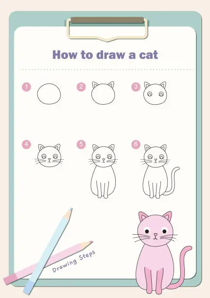 Vector illustration of How to draw a cat, easy drawing steps for kids