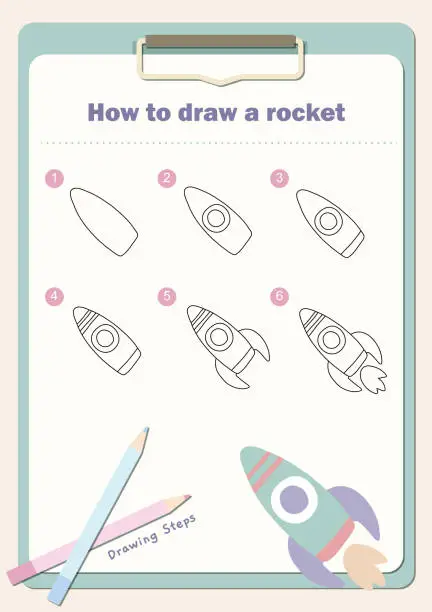 Vector illustration of How to draw a rocket, easy drawing steps for kids