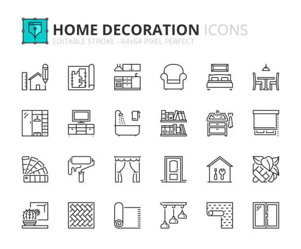 Vector illustration of Outline icons about home decoration